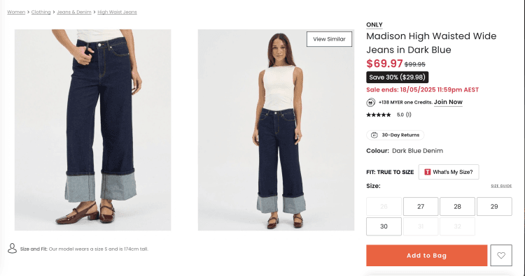 Myer: ONLY Madison High Waisted Wide Jeans in Dark Blue – Was $99.95, now $69.97